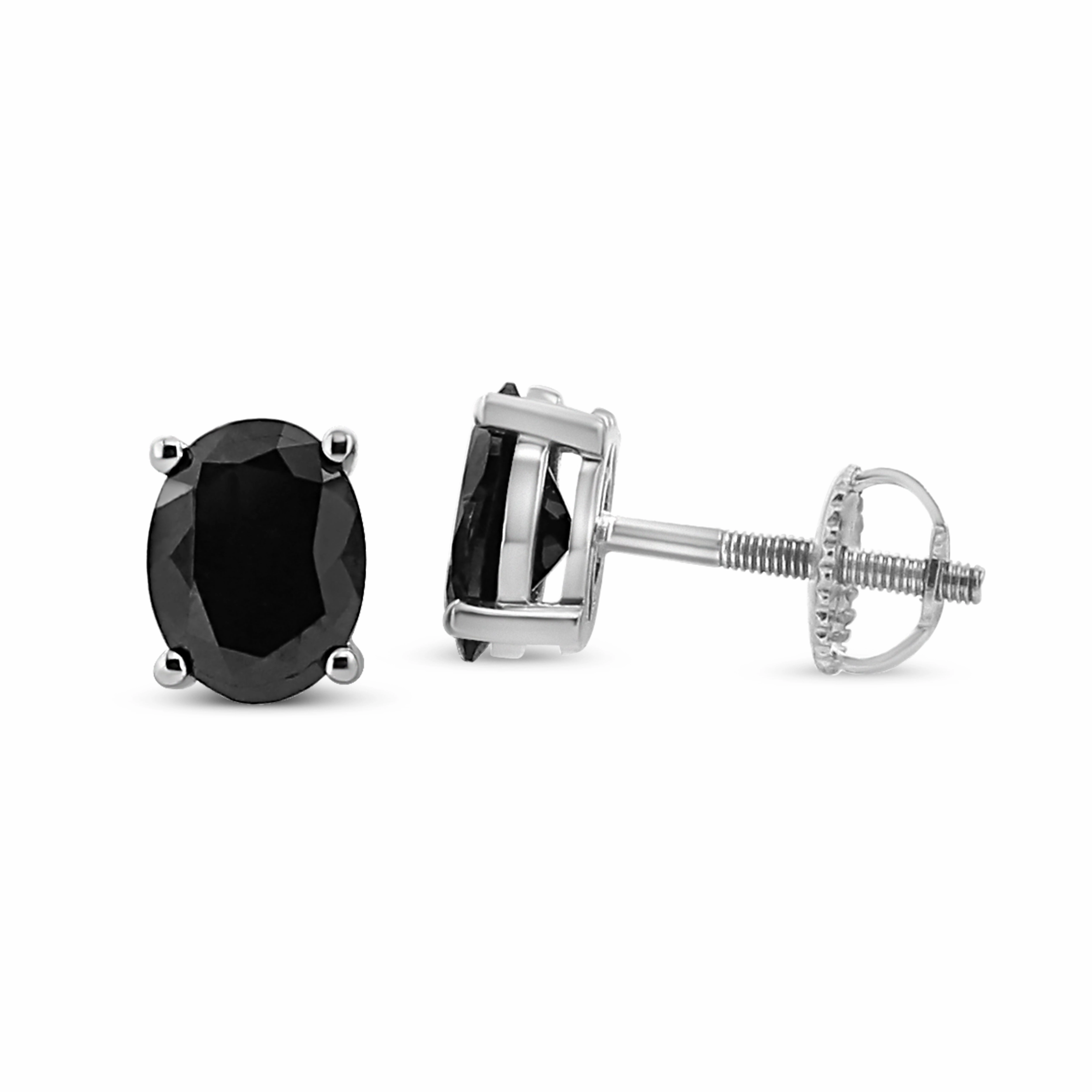 .925 Sterling Silver Prong Set Treated Black Oval Diamond Stud Earring