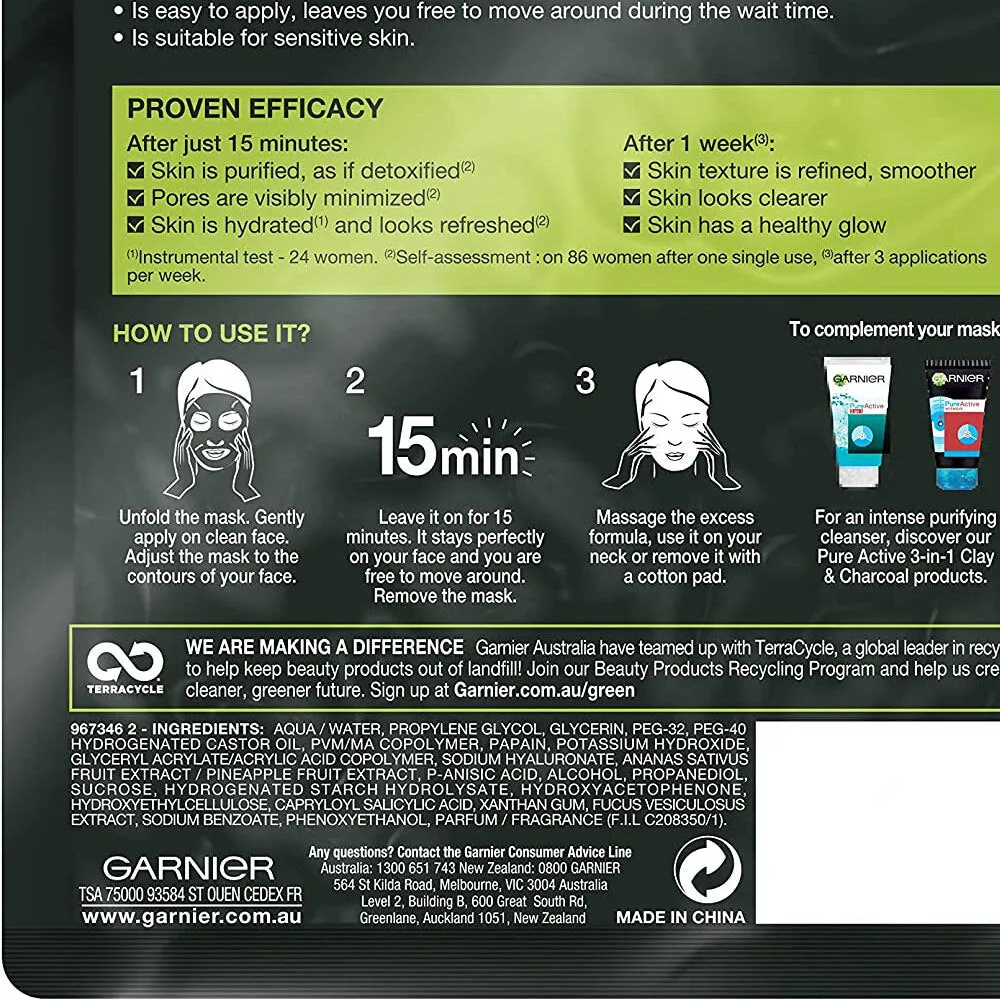 Garnier Pure Charcoal Hyaluronic Acid   Black Algae Sheet Mask 28g